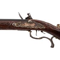 Contemporary Flintlock Jaeger Rifle with Boar Hunting Motifs by John B. Derrick (American, b.1936)