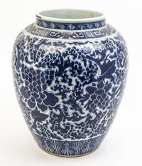 A Pair of Blue and White Porcelain Jars Height 14 1/2 inches.