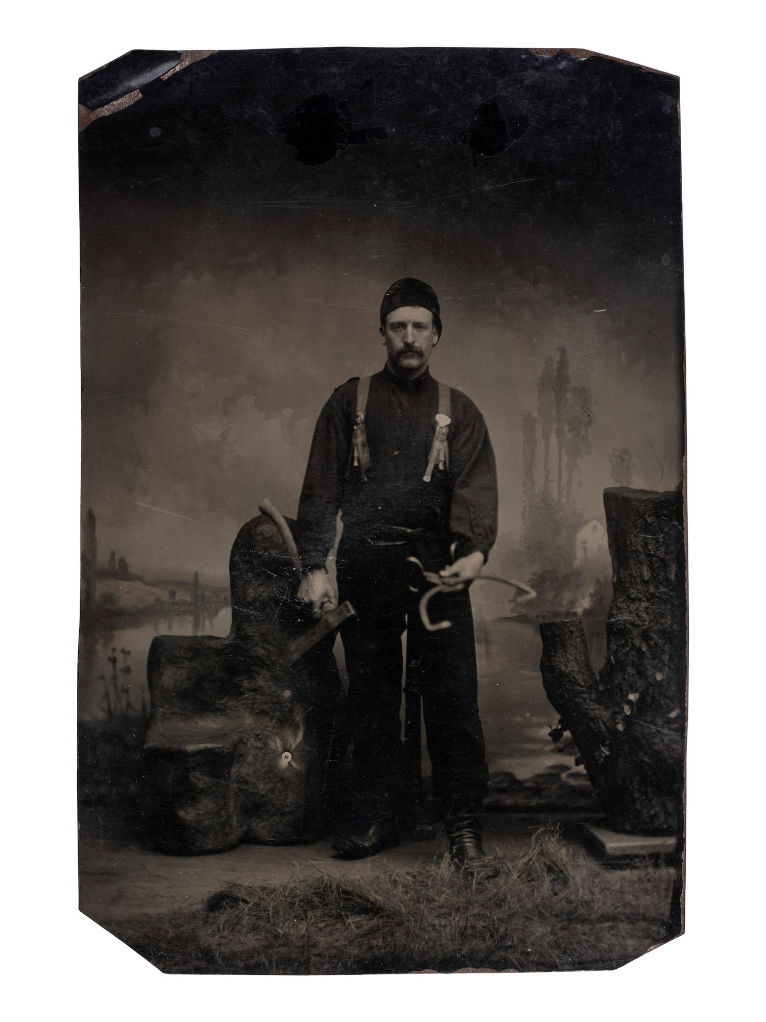 [EARLY PHOTOGRAPHY]. Oversized half plate occupational tintype of an ice block cutter.