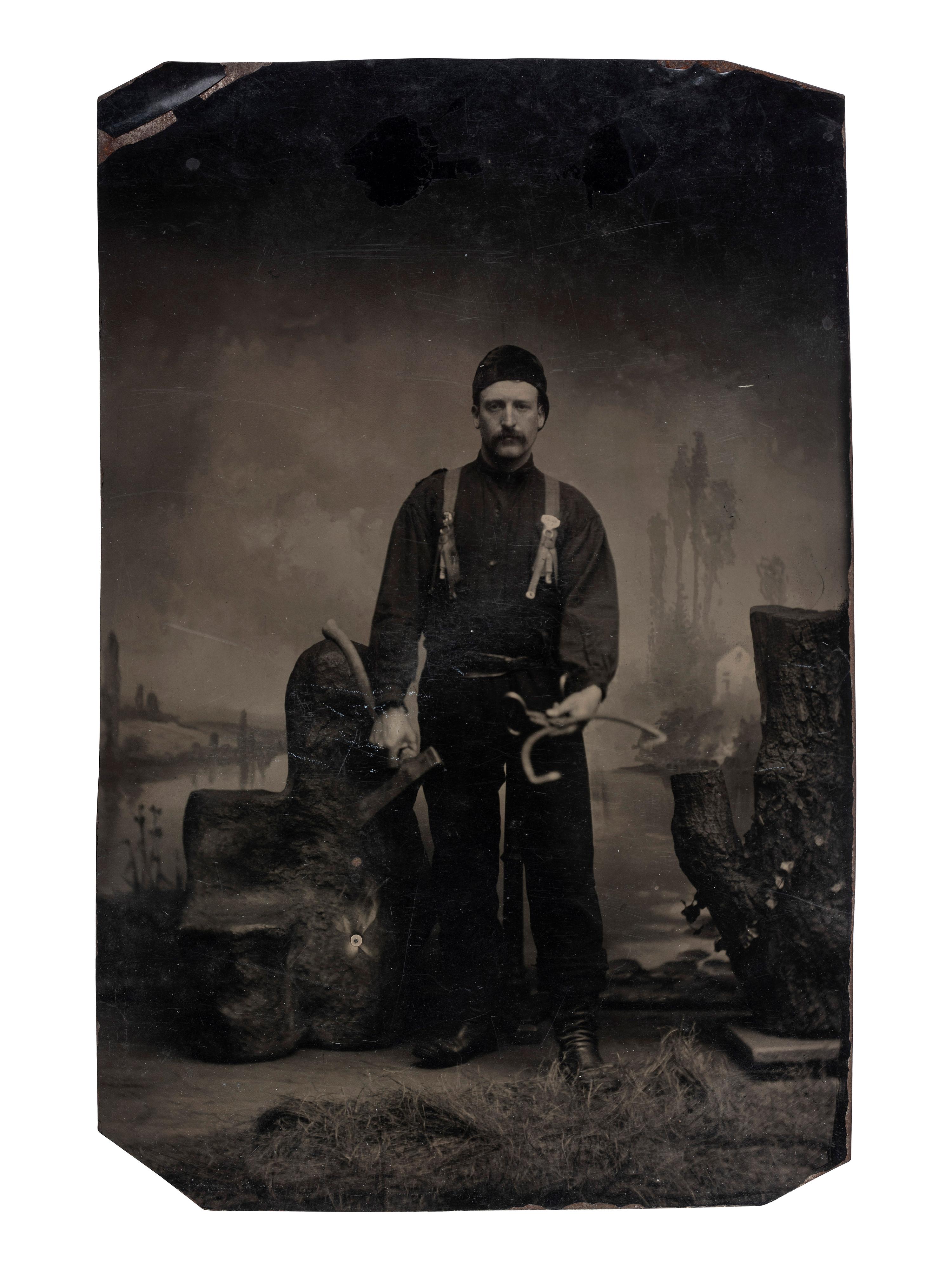 [EARLY PHOTOGRAPHY]. Oversized half plate occupational tintype of an ice block cutter.
