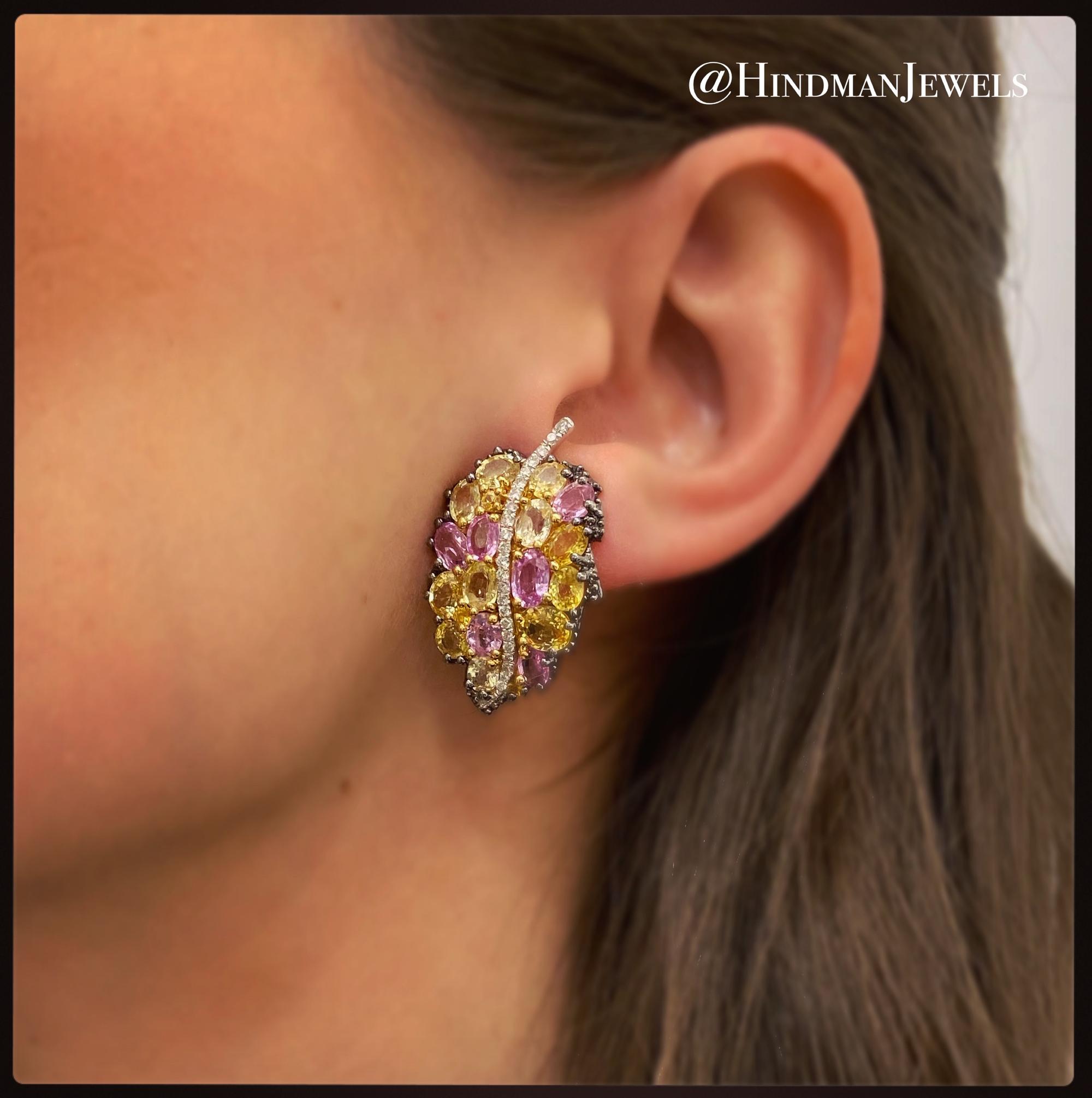MULTICOLOR SAPPHIRE AND DIAMOND LEAF EARCLIPS