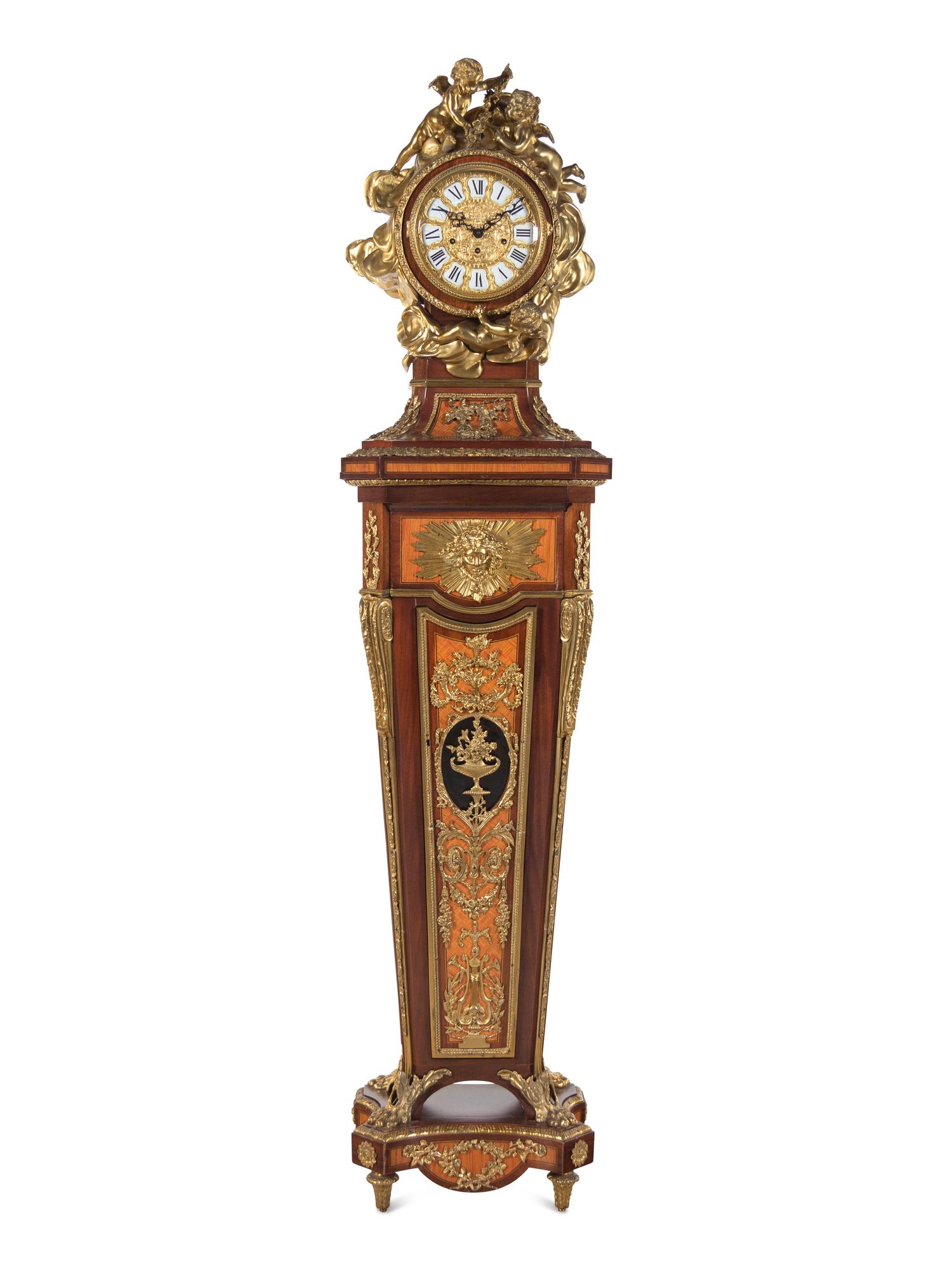 A Louis XVI Style Gilt Bronze Mounted Parquetry and Mahogany Régulateur de Pendule