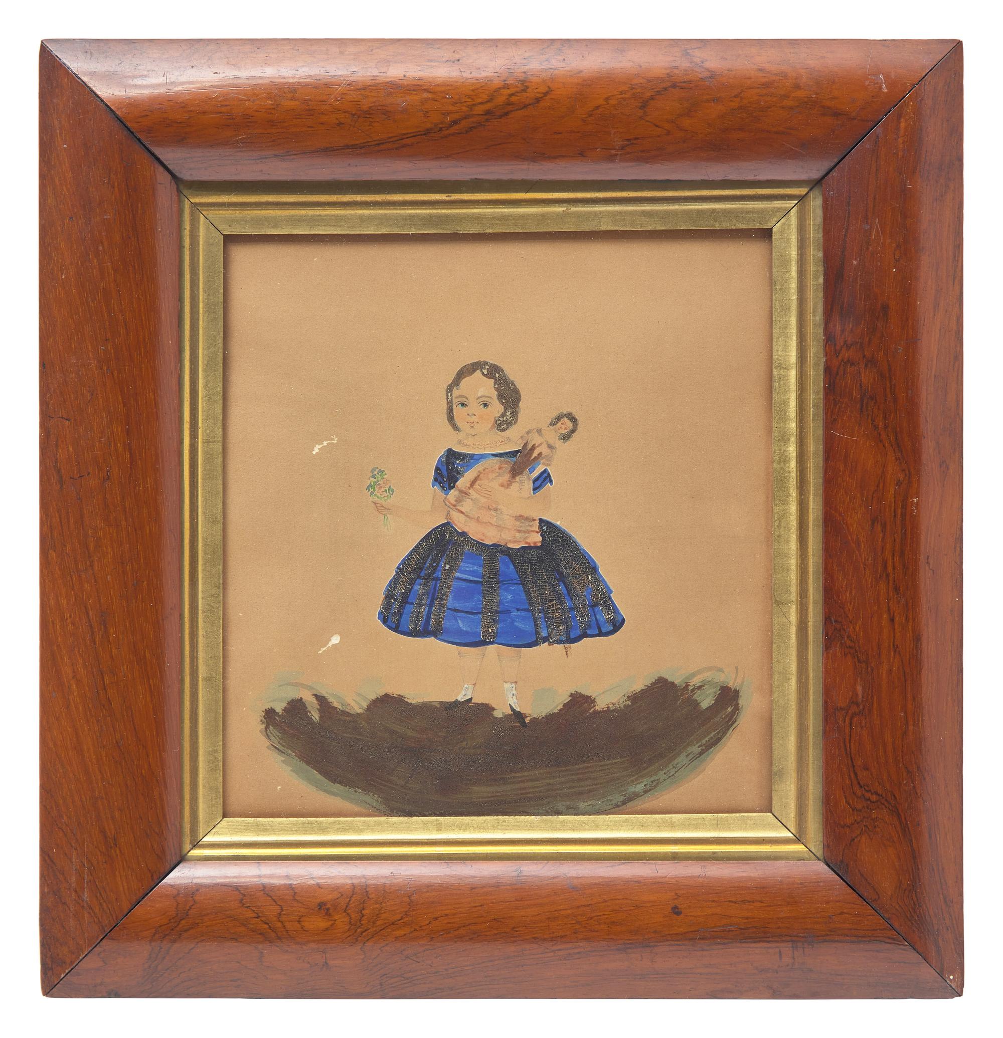 Anglo-American School 19th Century, A Small Watercolor Portrait of Emily Bailey with her Doll