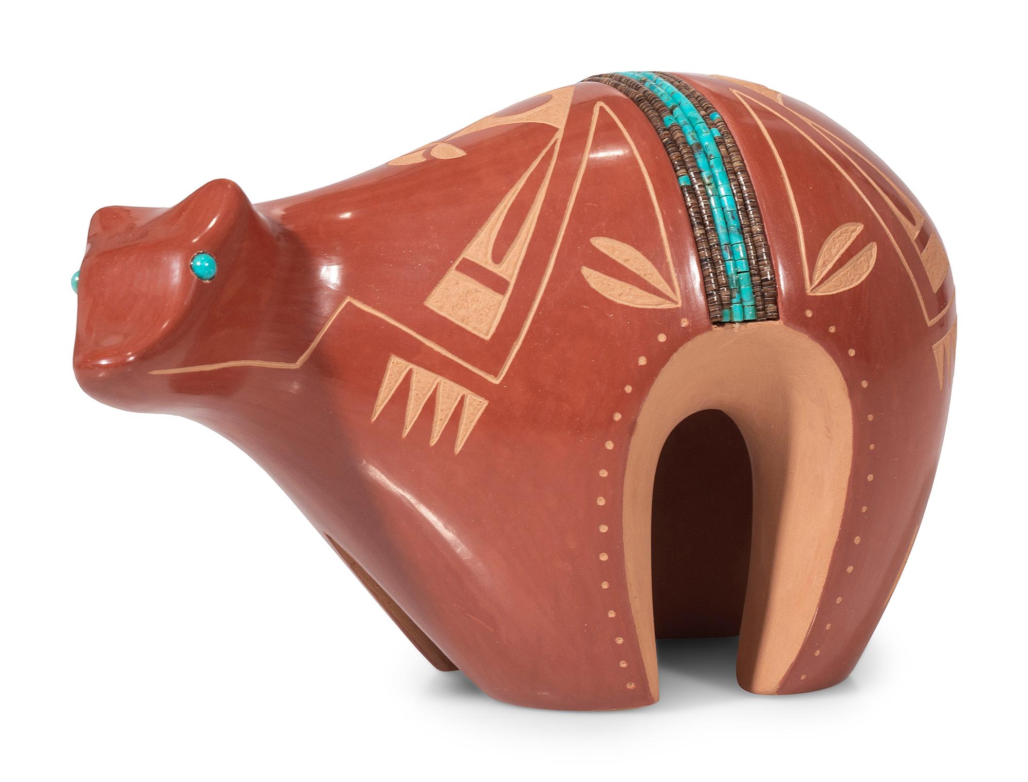Redware Pottery Bear, with Turquoise and Heishi