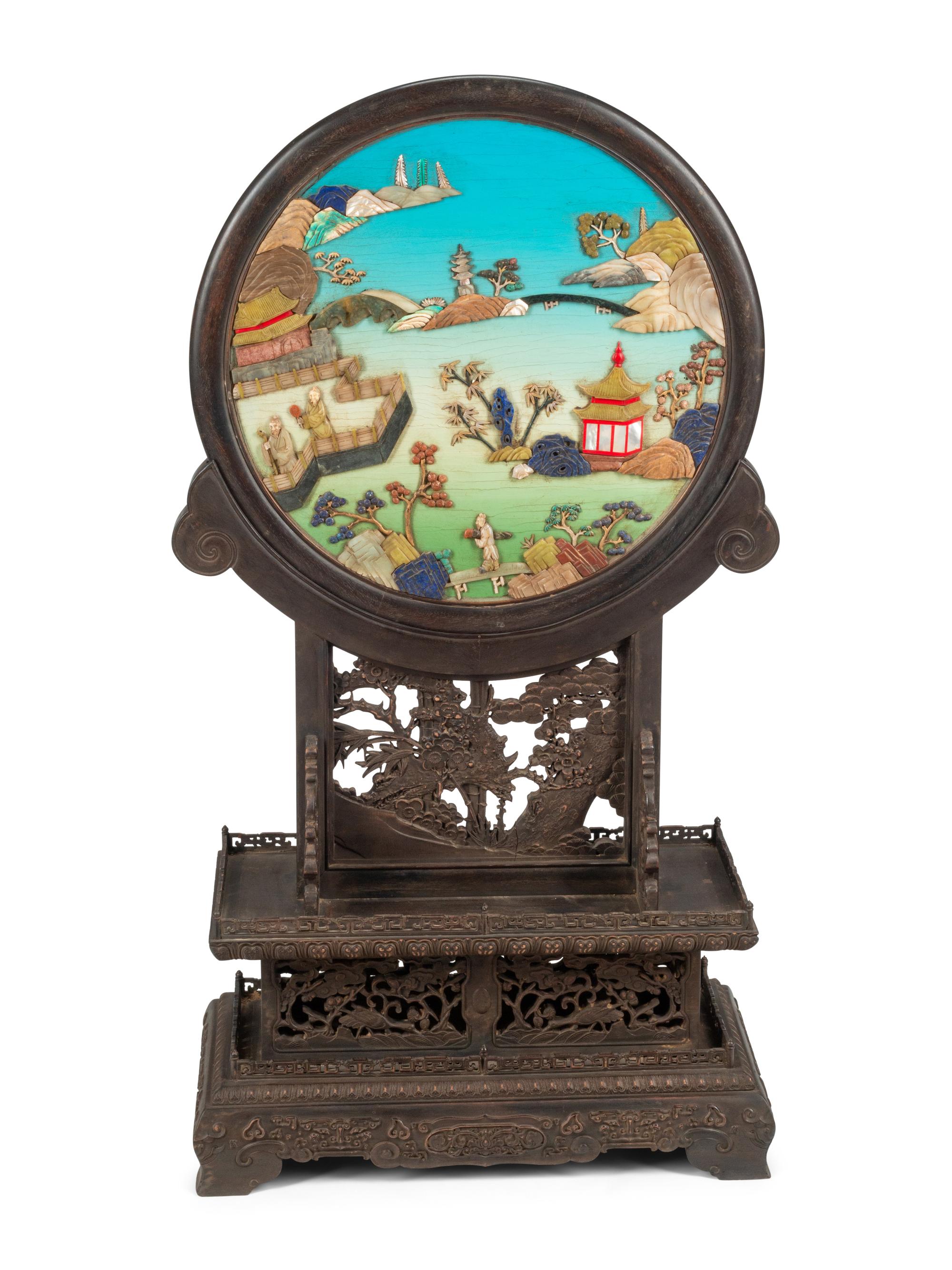 A Chinese Inlaid Circular Plaque on a Wood Base