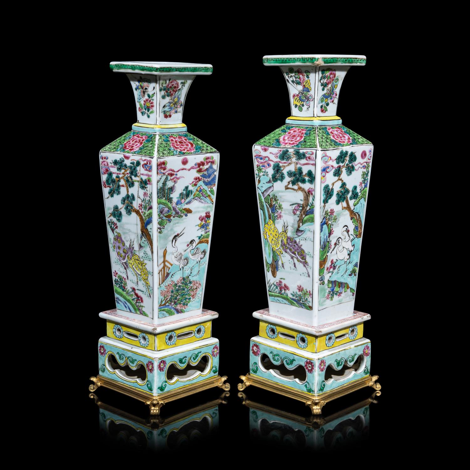 A Pair of Chinese Famille Rose Porcelain 'Cranes and Deer' Square-Section Vases, Qing Dynasty 清 粉彩鹿鶴同春方瓶一對