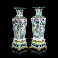 A Pair of Chinese Famille Rose Porcelain 'Cranes and Deer' Square-Section Vases, Qing Dynasty 清 粉彩鹿鶴同春方瓶一對