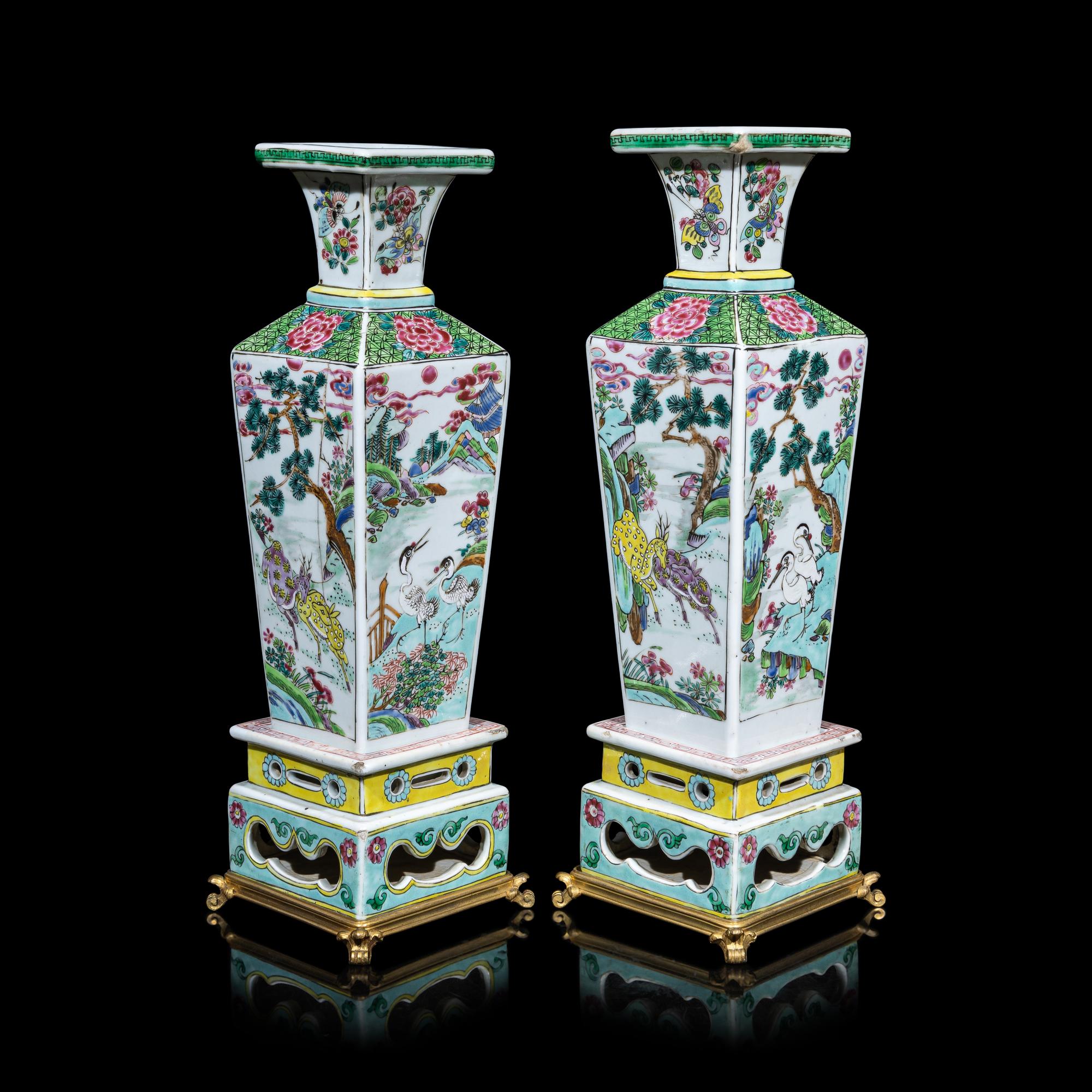 A Pair of Chinese Famille Rose Porcelain 'Cranes and Deer' Square-Section Vases, Qing Dynasty 清 粉彩鹿鶴同春方瓶一對