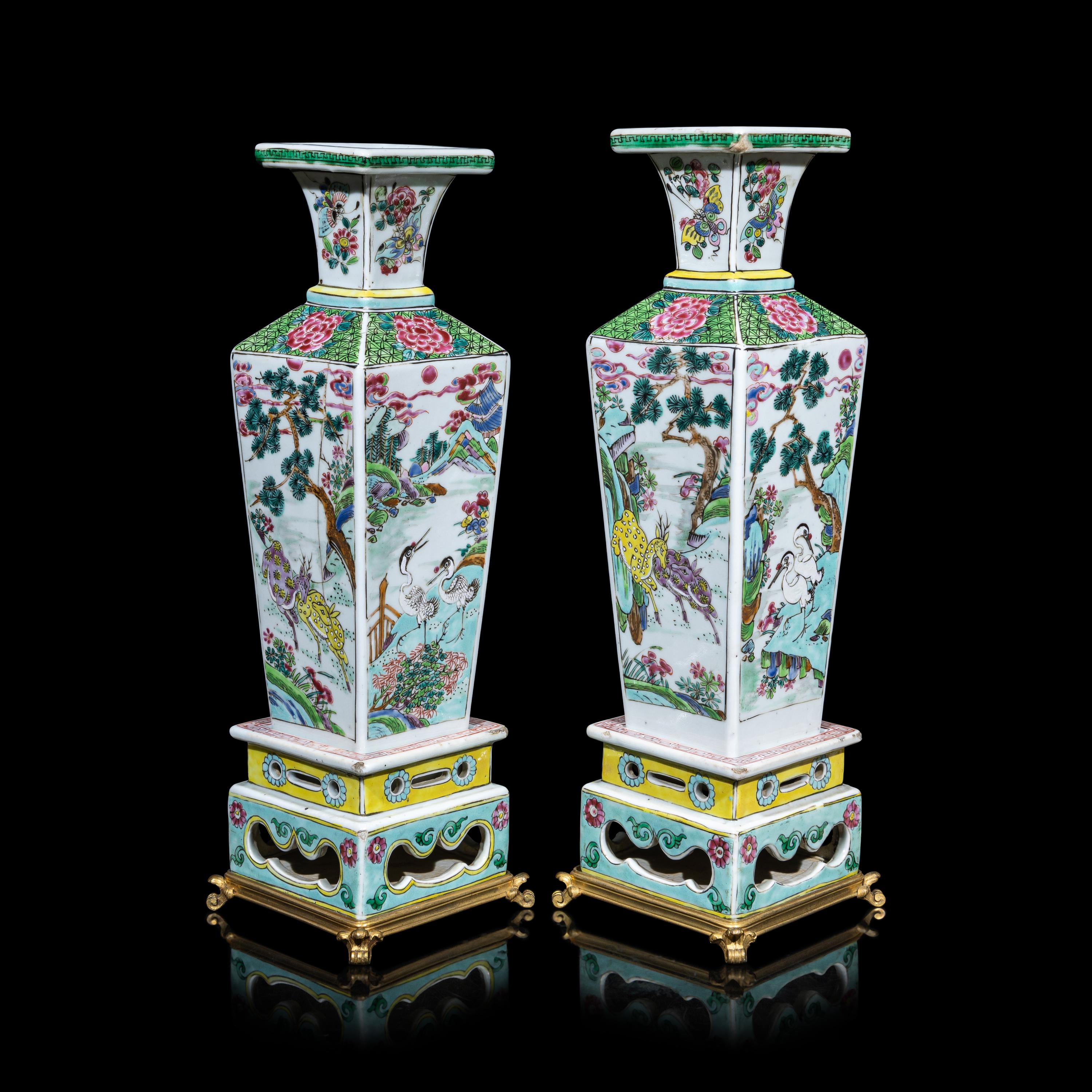 A Pair of Chinese Famille Rose Porcelain 'Cranes and Deer' Square-Section Vases, Qing Dynasty 清 粉彩鹿鶴同春方瓶一對
