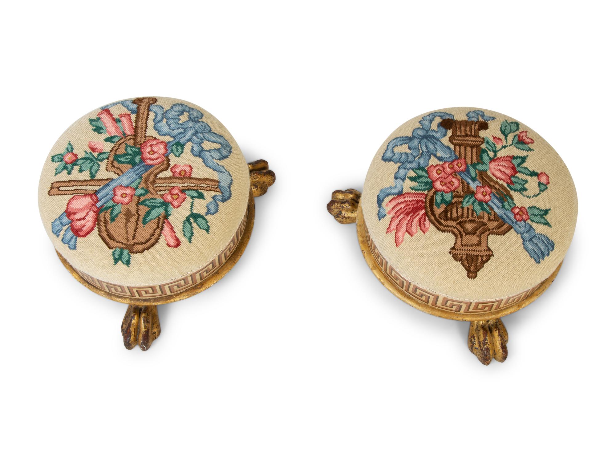 A Pair of Neoclassical Style Painted and Parcel Gilt Foot Stools — 19TH CENTURY
