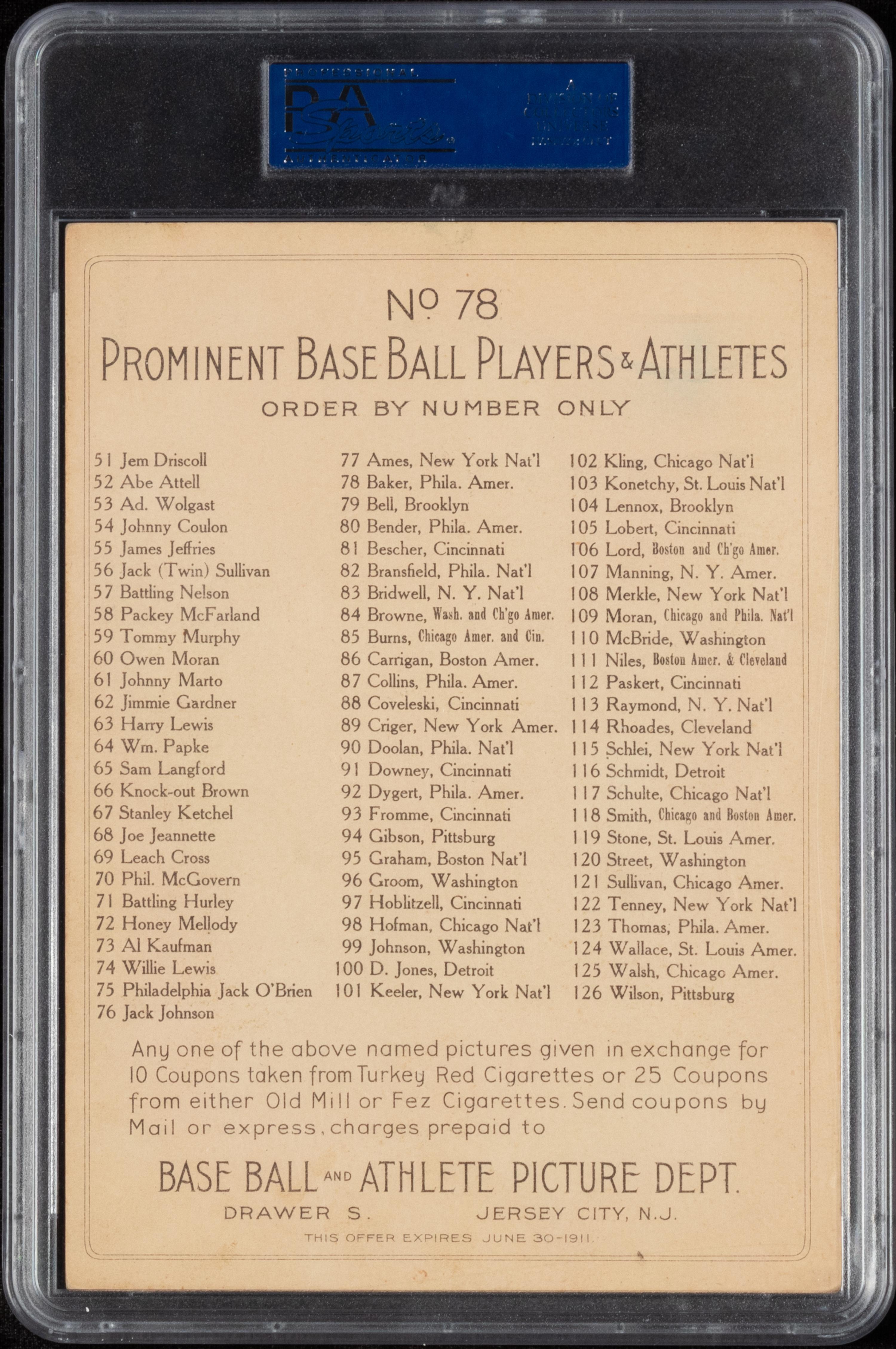A 1911 T3 Turkey Red Cabinets Frank Home Run Baker Baseball Card (PSA 3 VG) Checklist Back