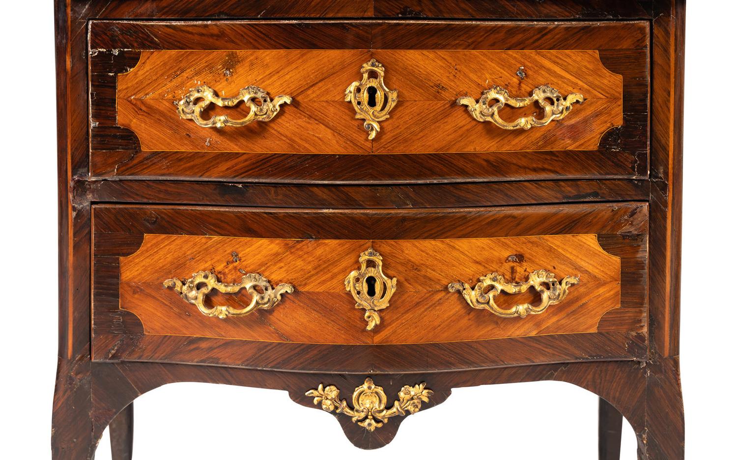 A Transitional Gilt Bronze Mounted Kingwood and Fruitwood Marble-Top Commode