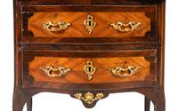 A Transitional Gilt Bronze Mounted Kingwood and Fruitwood Marble-Top Commode