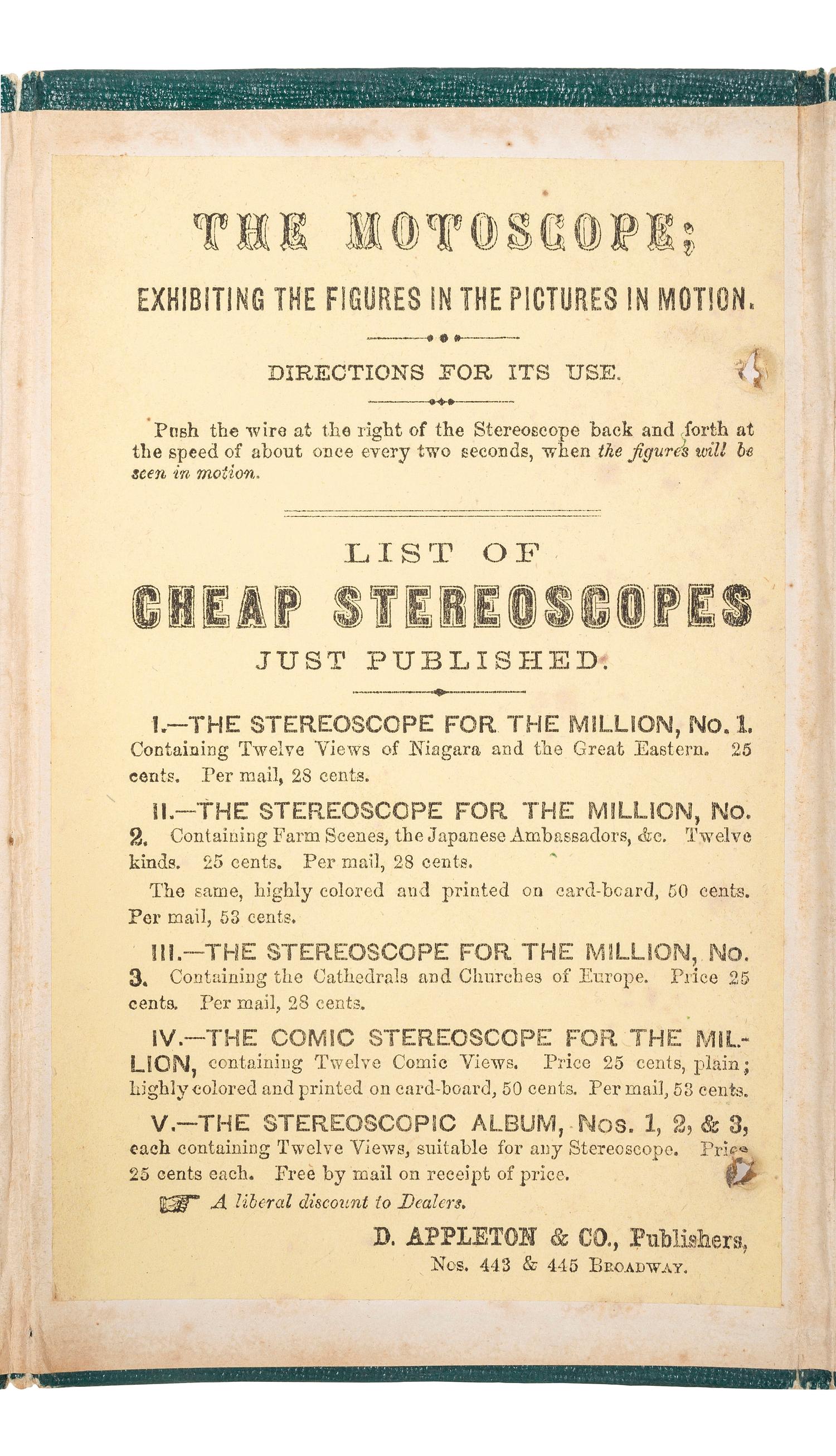 [EARLY PHOTOGRAPHY]. TURNER, A.A., photographer. The Voyage to Europe visiting twelve countries . New York: D. Appleton & Co., ca 1860s. A very rare group of 12 stereoviews housed in Motoscope viewer.