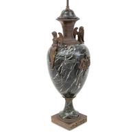 A Pair of French Empire Gilt Bronze and Marble Urns Mounted as Lamps