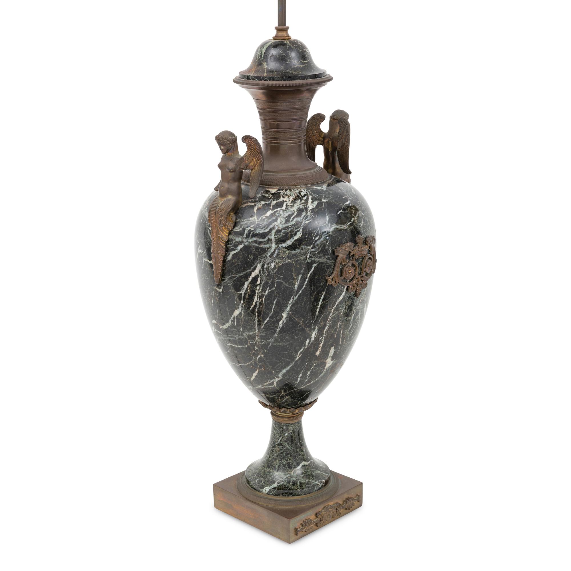 A Pair of French Empire Gilt Bronze and Marble Urns Mounted as Lamps