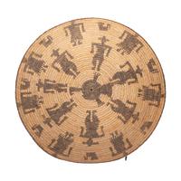 Akimel O'odham Figural Basketry Tray, Cowboys and Chickens