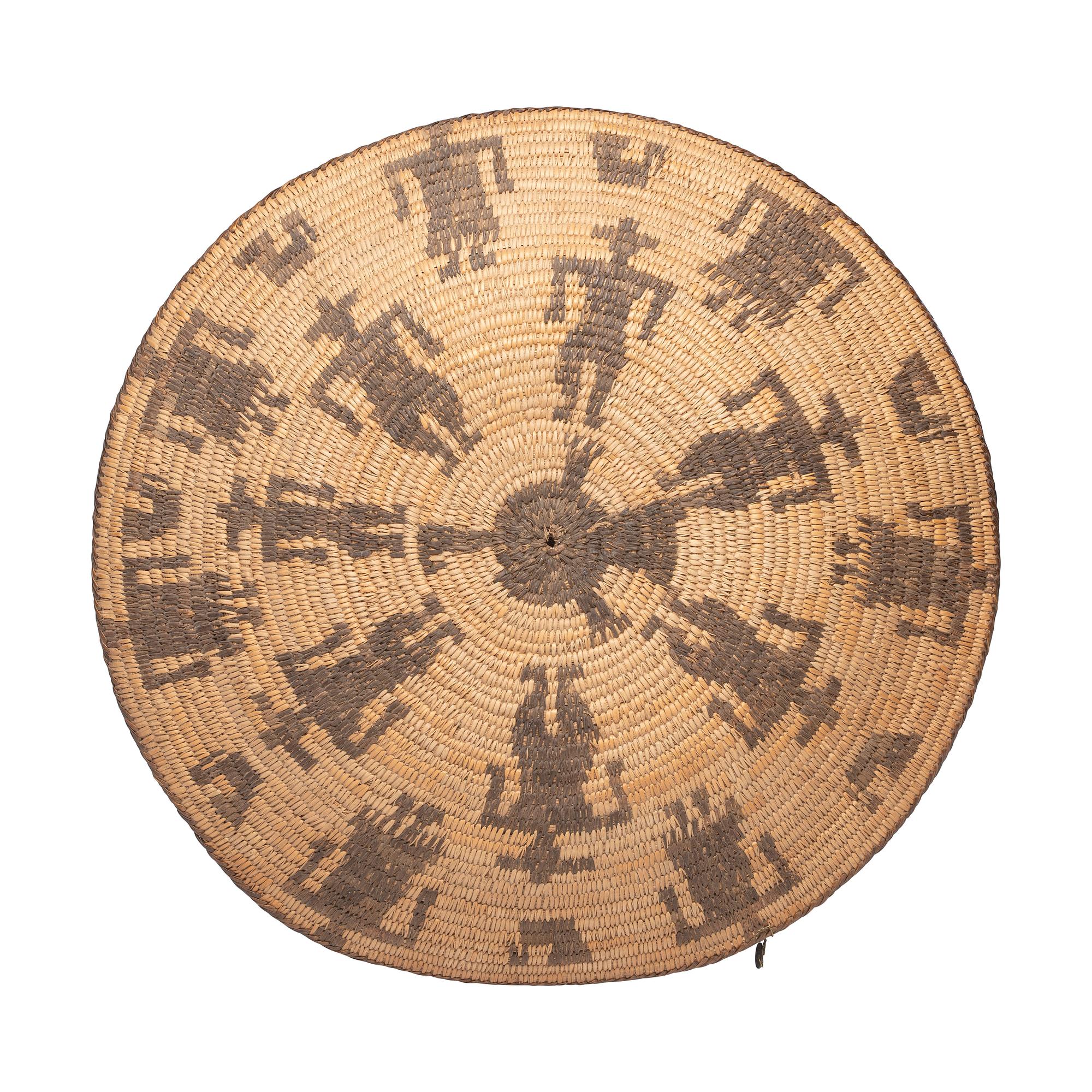 Akimel O'odham Figural Basketry Tray, Cowboys and Chickens