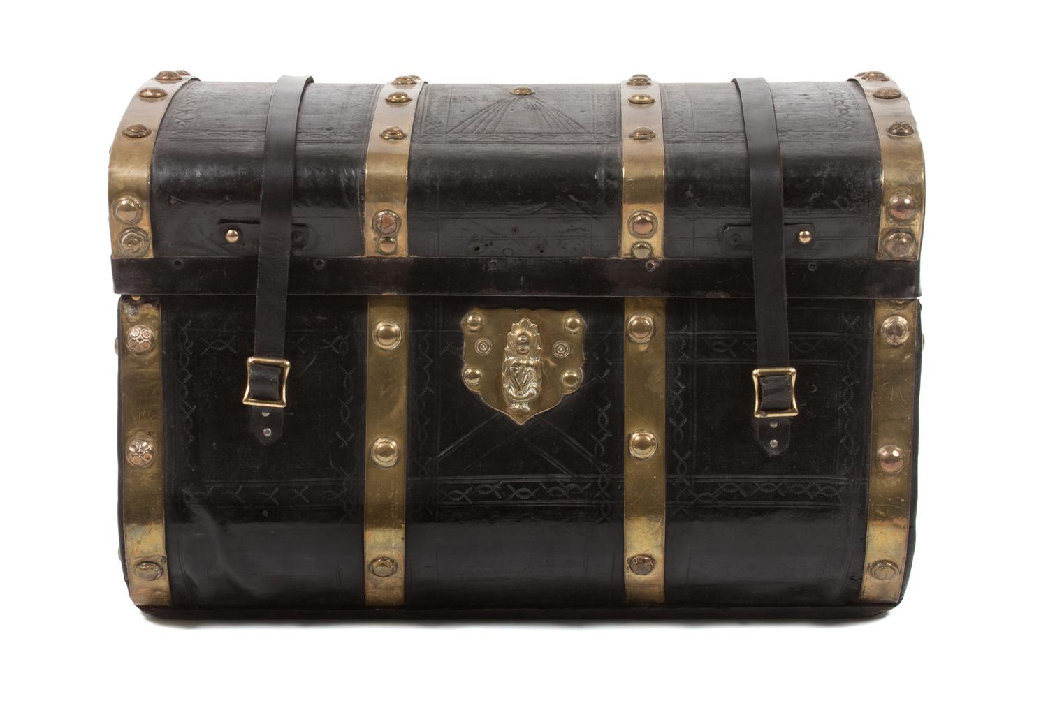 A Brass Banded Leather Trunk Height 14 3/4 x width 24 x depth 16 1/2 inches. — 19TH/20TH CENTURY