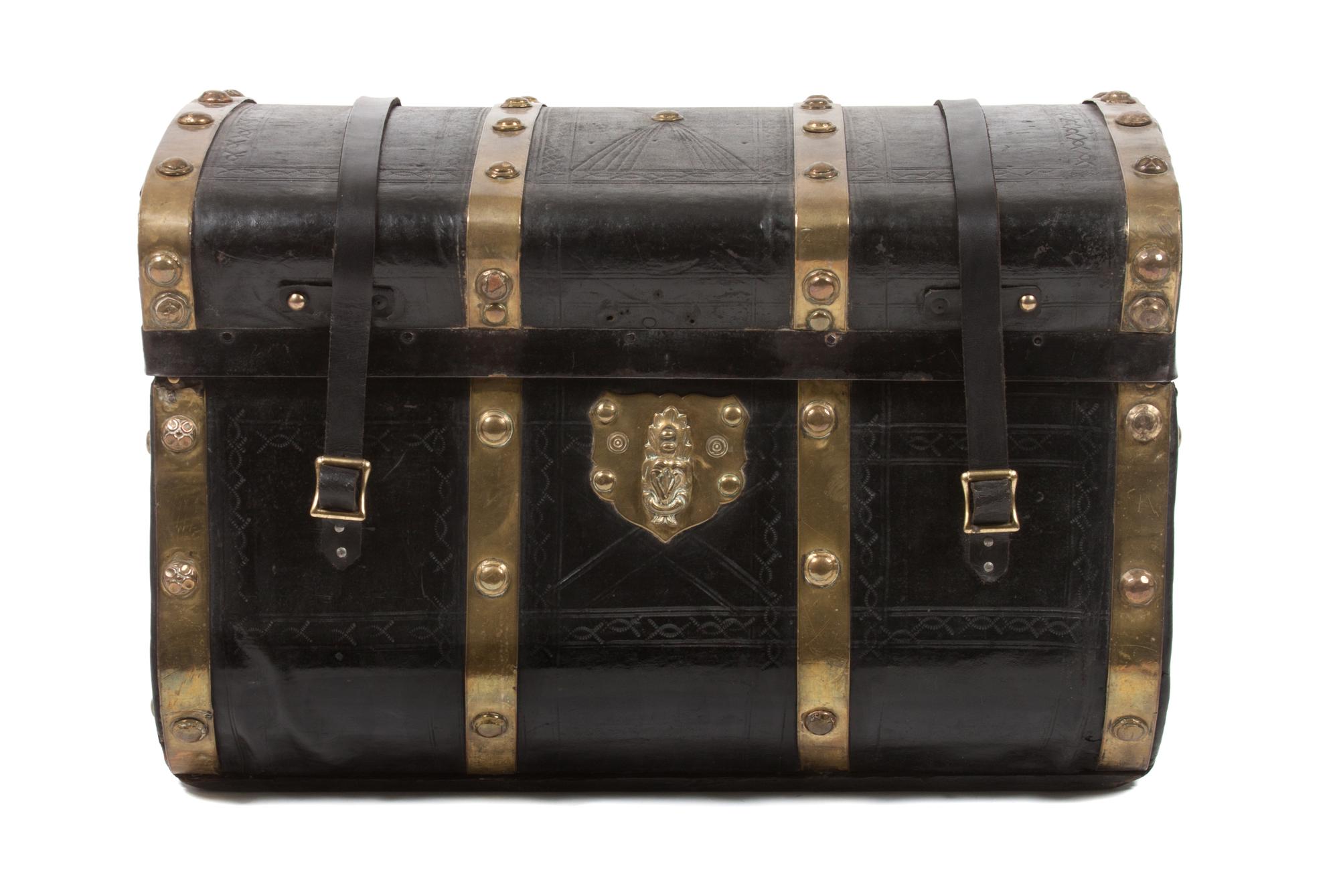 A Brass Banded Leather Trunk Height 14 3/4 x width 24 x depth 16 1/2 inches. — 19TH/20TH CENTURY