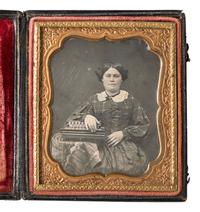 [EARLY PHOTOGRAPHY]. Sixth plate daguerreotype featuring a full-figured woman with a flutina.