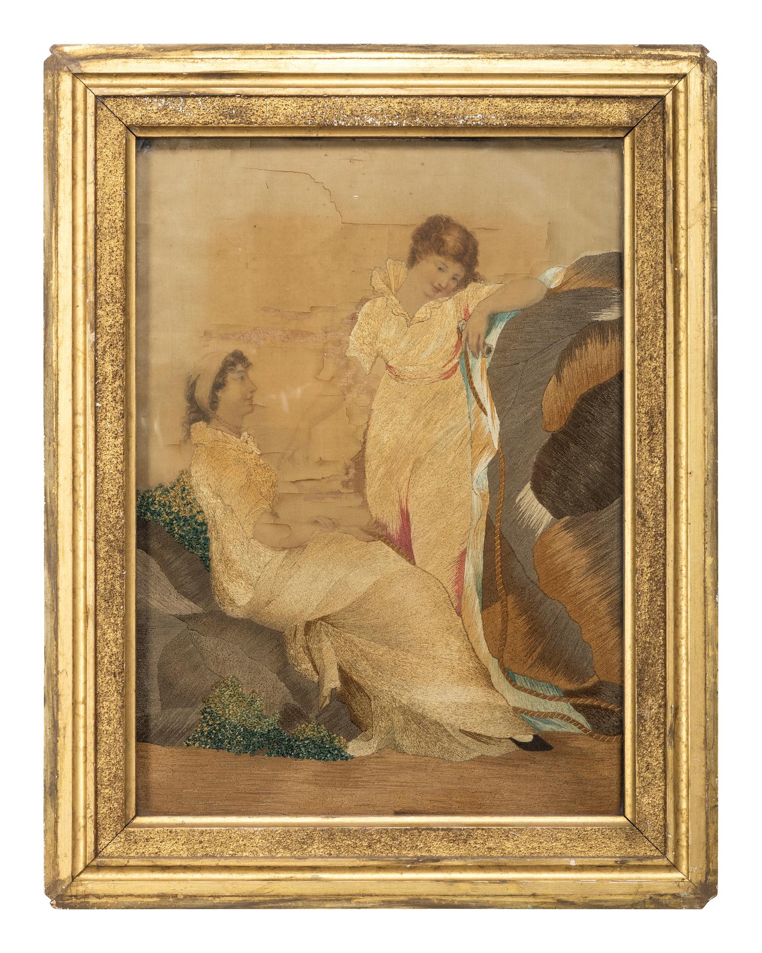 A Pair of Figural Goldwork Embroidered Pictures of Girls with a Jump Rope