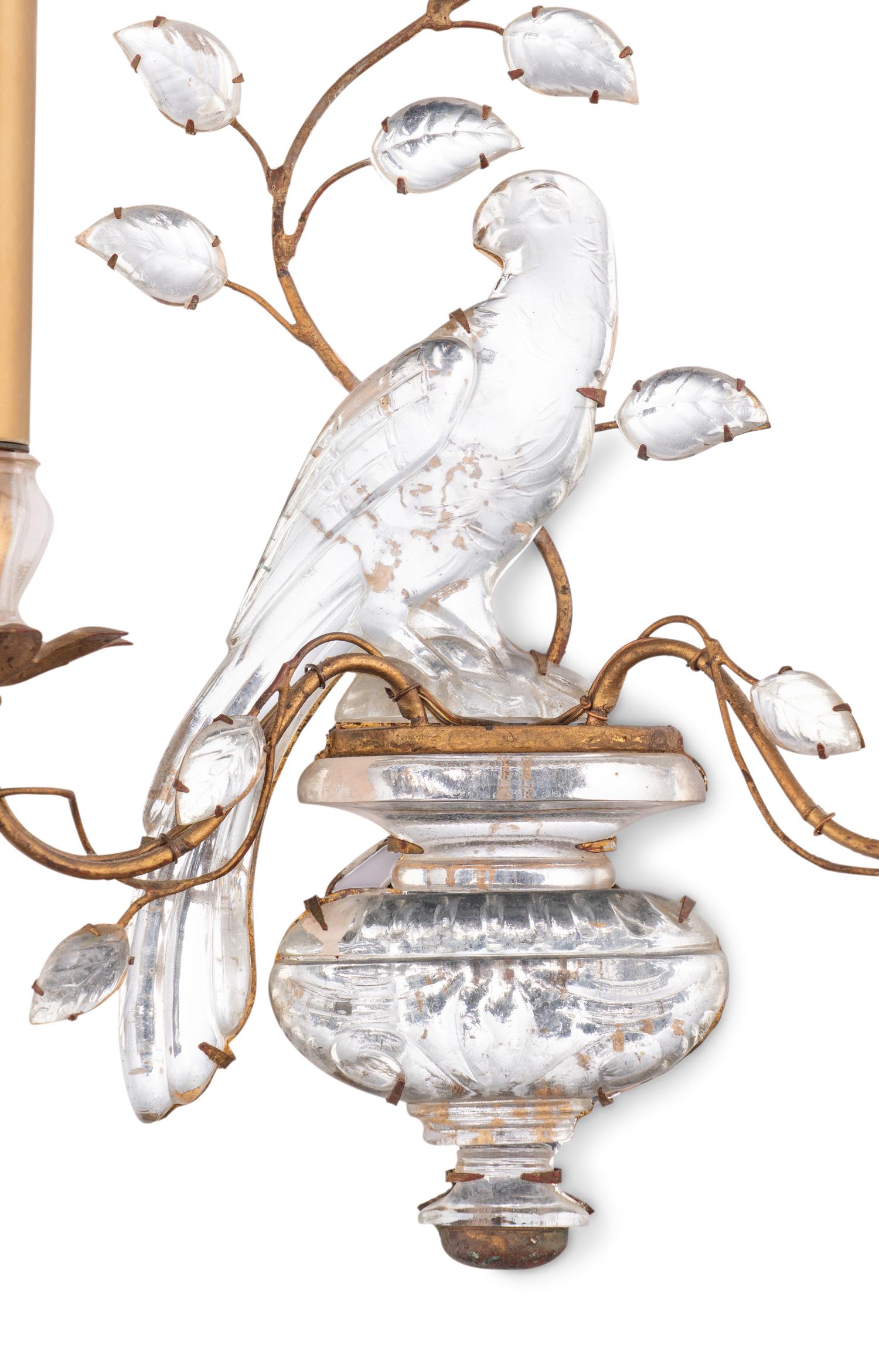 A Pair of Gilt Metal and Rock Crystal Two-Light Sconces