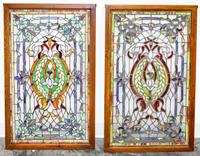 A Pair of Leaded Glass Windows. Height 39 1/2 x width 19 1/4 inches.