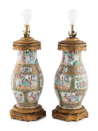 A Pair of French Gilt Bronze Mounted Rose Medallion Porcelain Vases