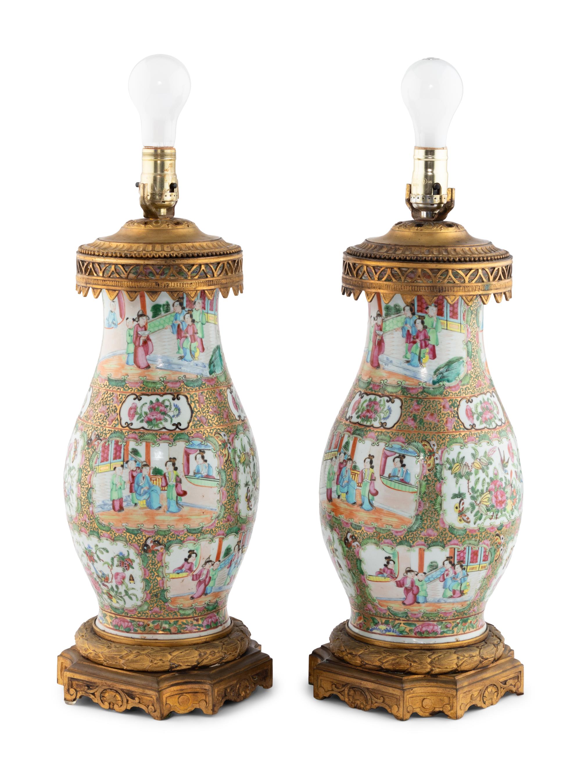 A Pair of French Gilt Bronze Mounted Rose Medallion Porcelain Vases