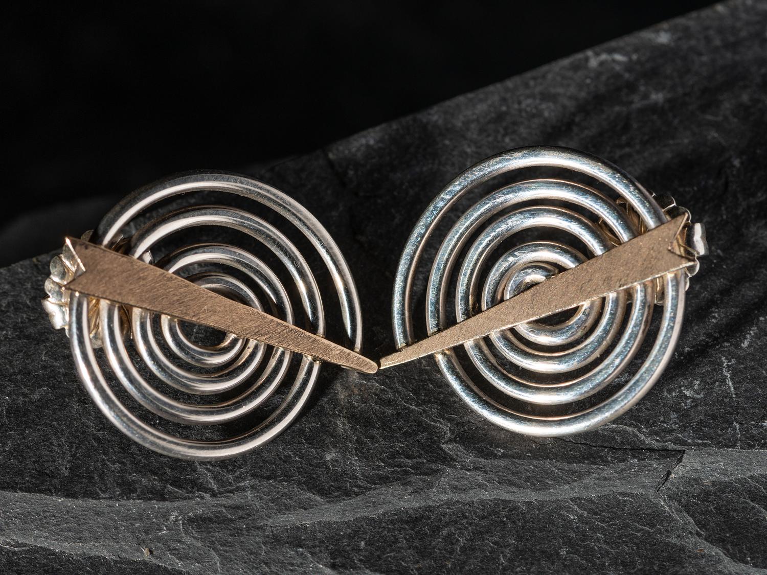 Silver Spiral Post Earrings, with 14K Gold Arrow Accent
