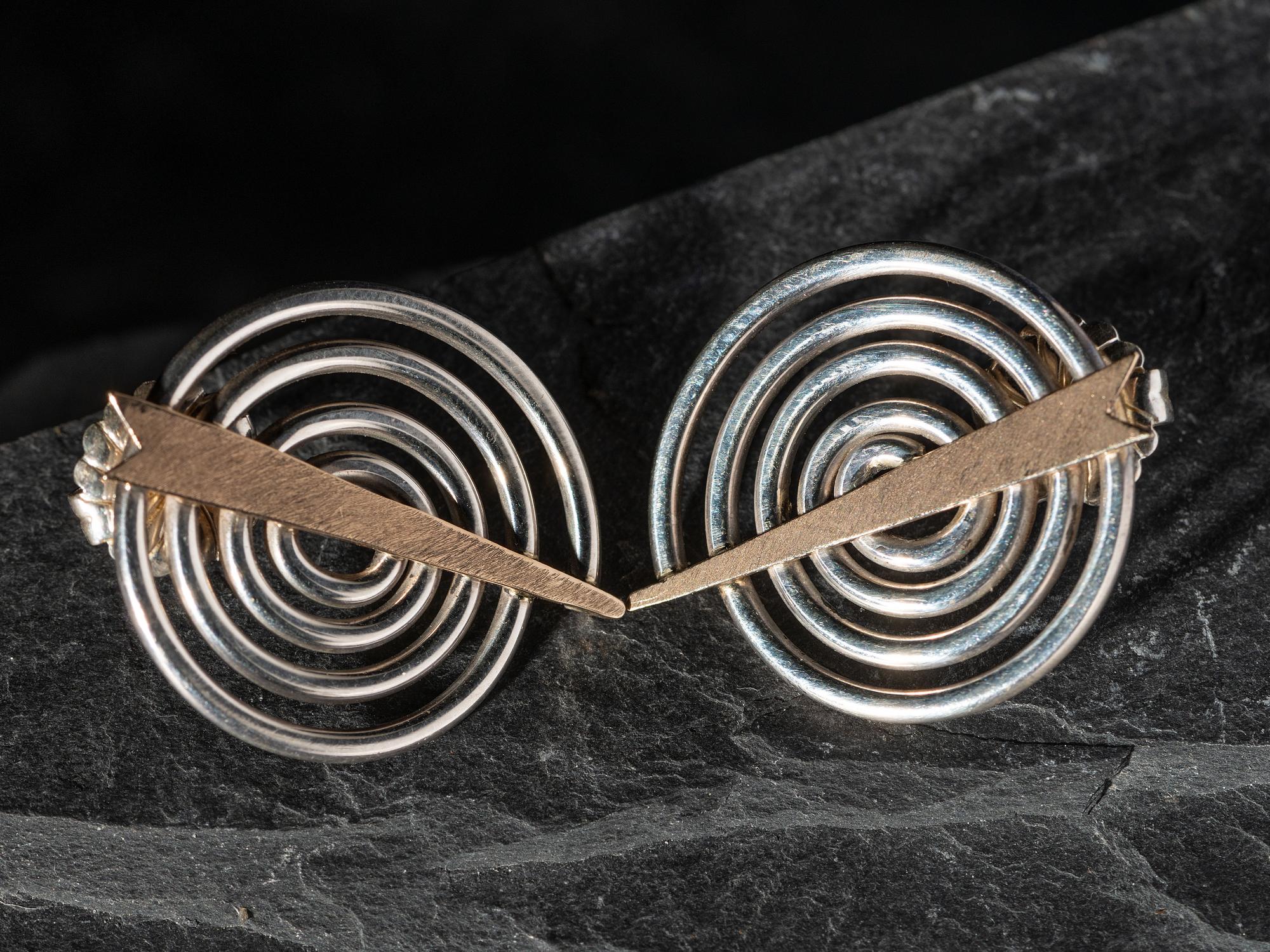 Silver Spiral Post Earrings, with 14K Gold Arrow Accent