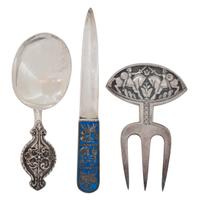 Three Norwegian Silver Articles, David Andersen, Oslo, comprising a spoon, a short meat fork with dueling viking decoration, and a lett