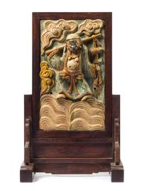 A Large Chinese Sancai Glazed Pottery Table Screen MING DYNASTY Height of plaque 21 1/8 x width 12 5/8 inches. — MING DYNASTY