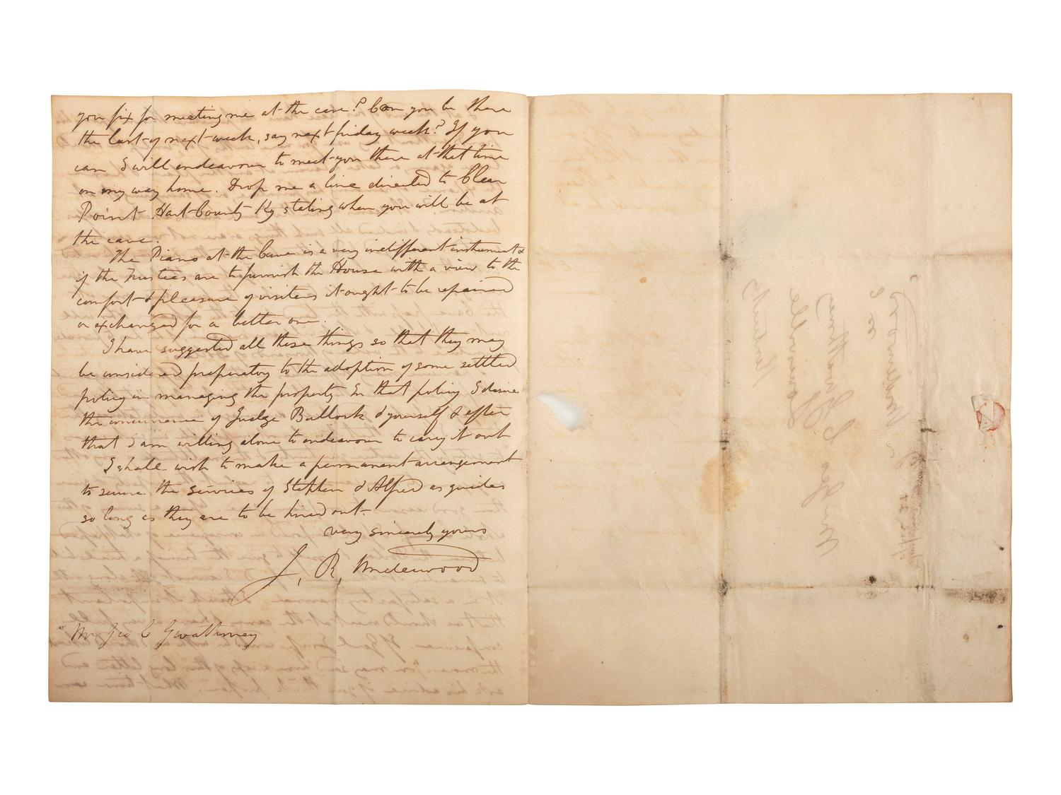 [KENTUCKY - MAMMOTH CAVE]. UNDERWOOD, Joseph Rogers (1791-1876). Autograph letter signed ("J.R. Underwood") to George C. Gwathmey. Tompkinsville, KY, 23 April 1849. 6 pages, 8vo, toned, integral leaf.