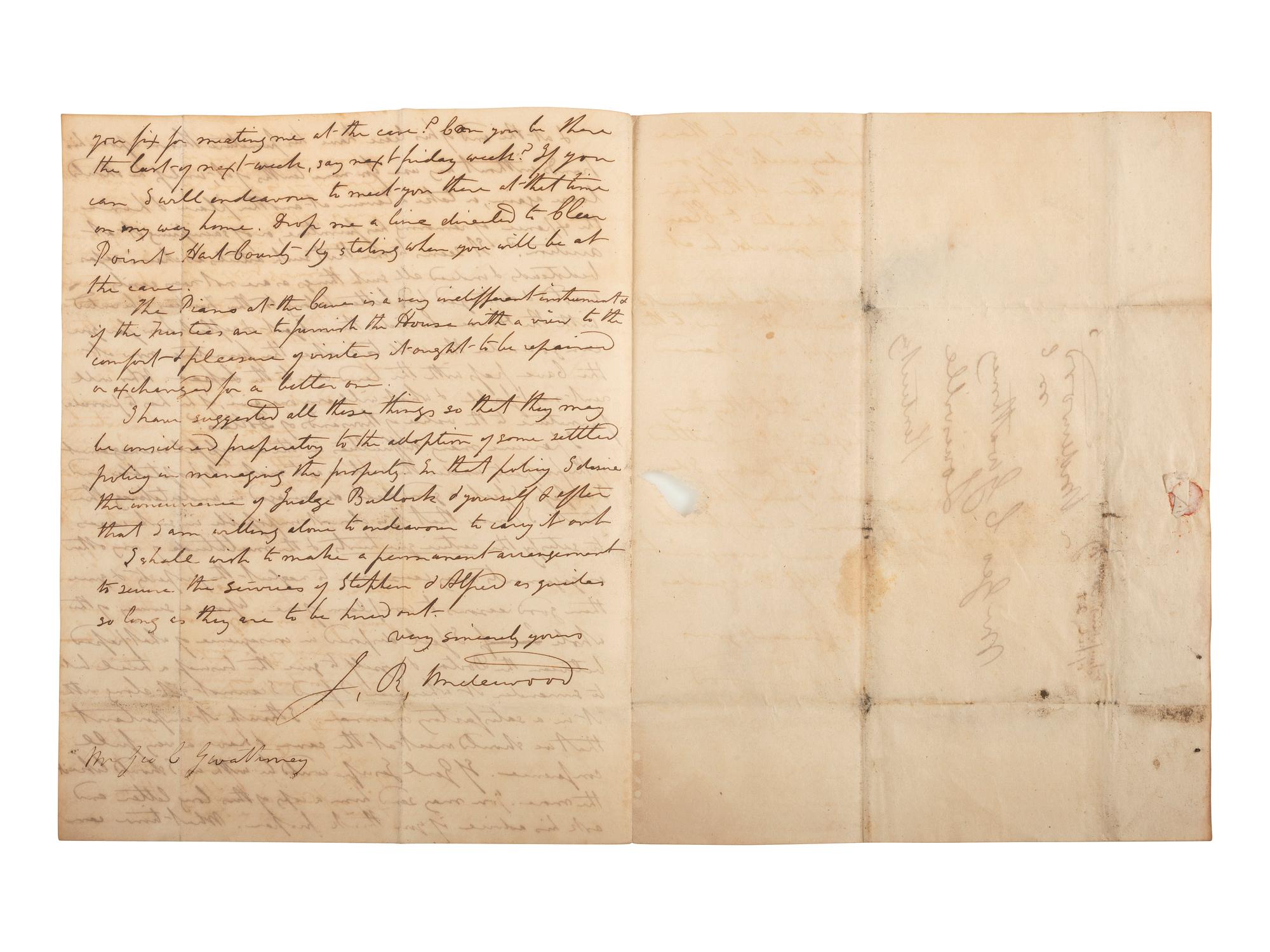 [KENTUCKY - MAMMOTH CAVE]. UNDERWOOD, Joseph Rogers (1791-1876). Autograph letter signed ("J.R. Underwood") to George C. Gwathmey. Tompkinsville, KY, 23 April 1849. 6 pages, 8vo, toned, integral leaf.