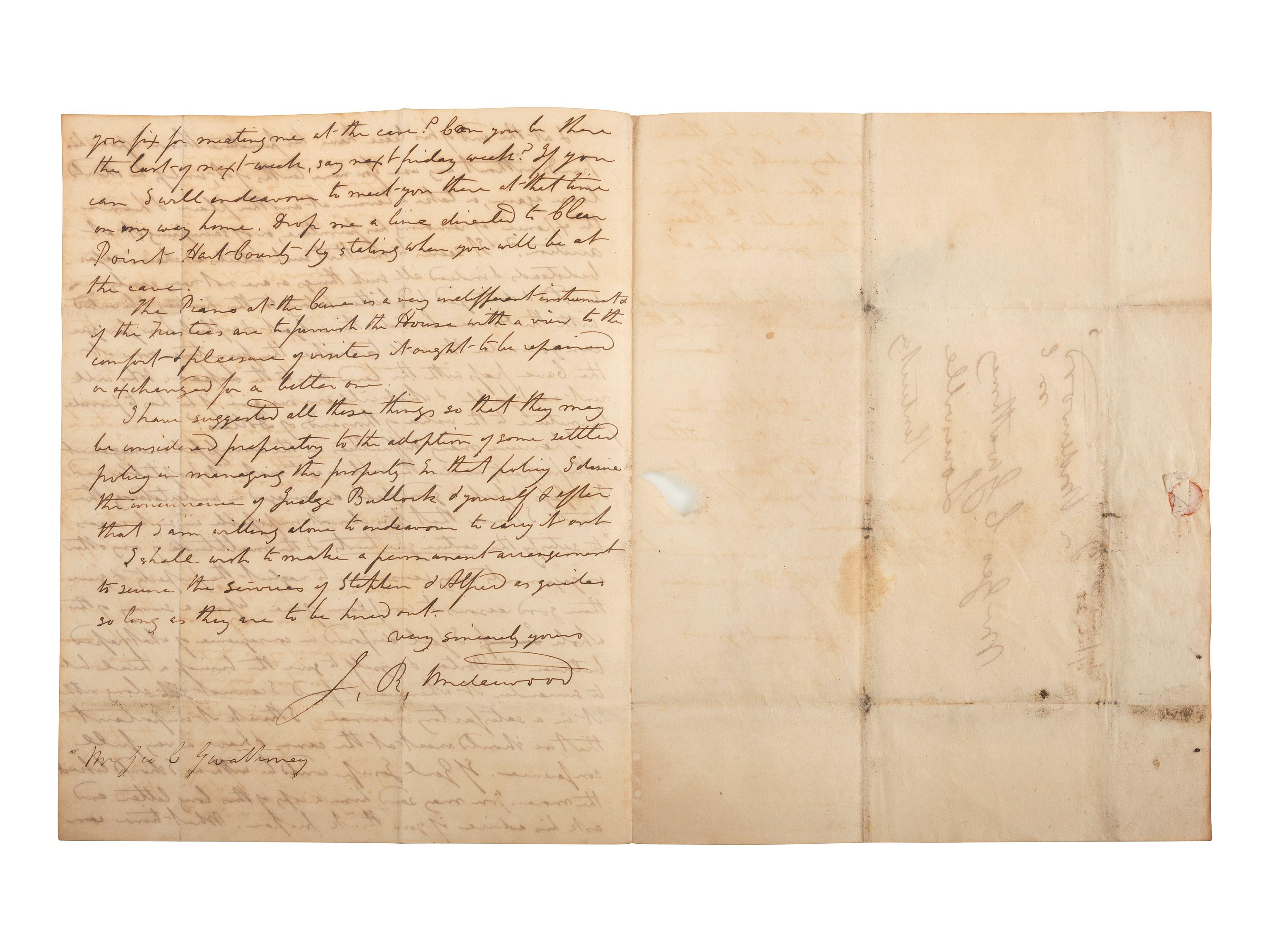 [KENTUCKY - MAMMOTH CAVE]. UNDERWOOD, Joseph Rogers (1791-1876). Autograph letter signed ("J.R. Underwood") to George C. Gwathmey. Tompkinsville, KY, 23 April 1849. 6 pages, 8vo, toned, integral leaf.