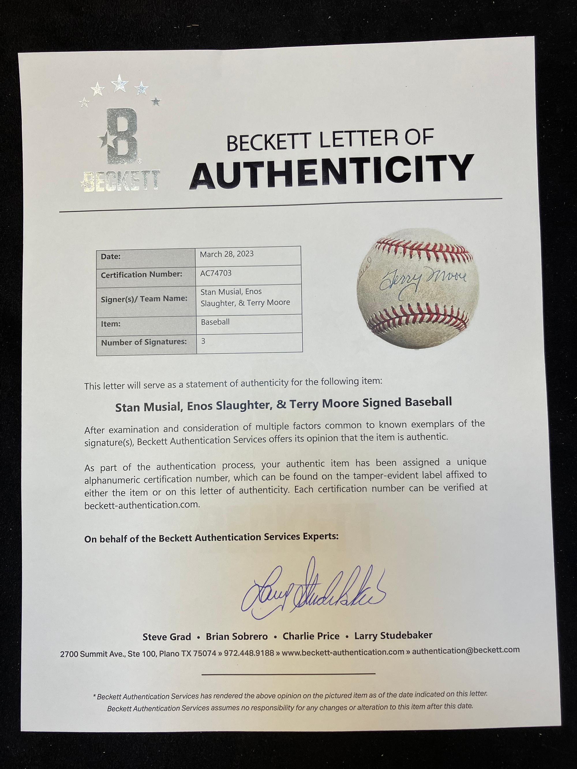 A Stan Musial, Terry Moore, and Enos Slaughter Signed Autograph Baseball (Beckett Authentication Services Letter)