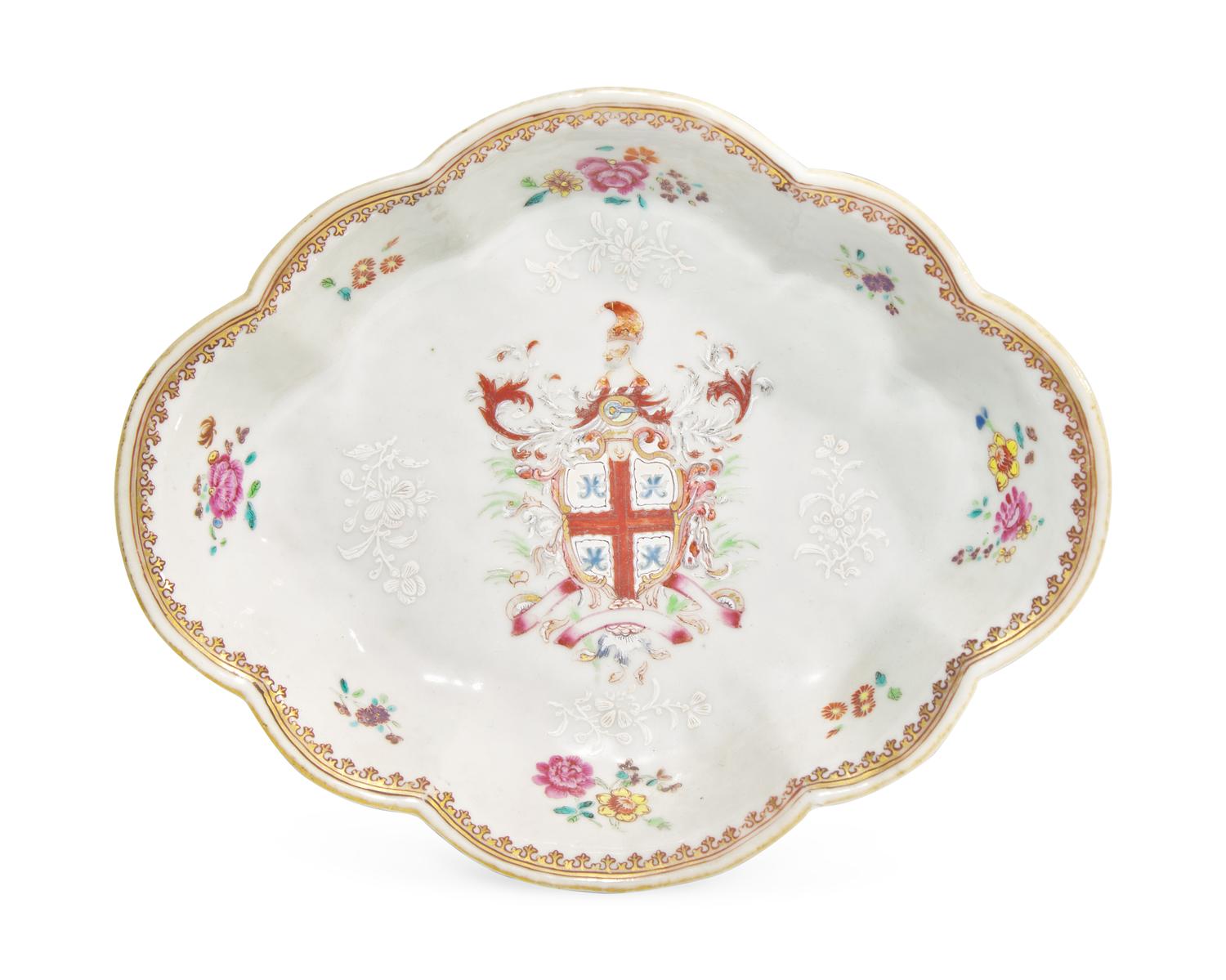 A Chinese Export Porcelain Ovoid Dish Bearing The Arms Of Bourchier