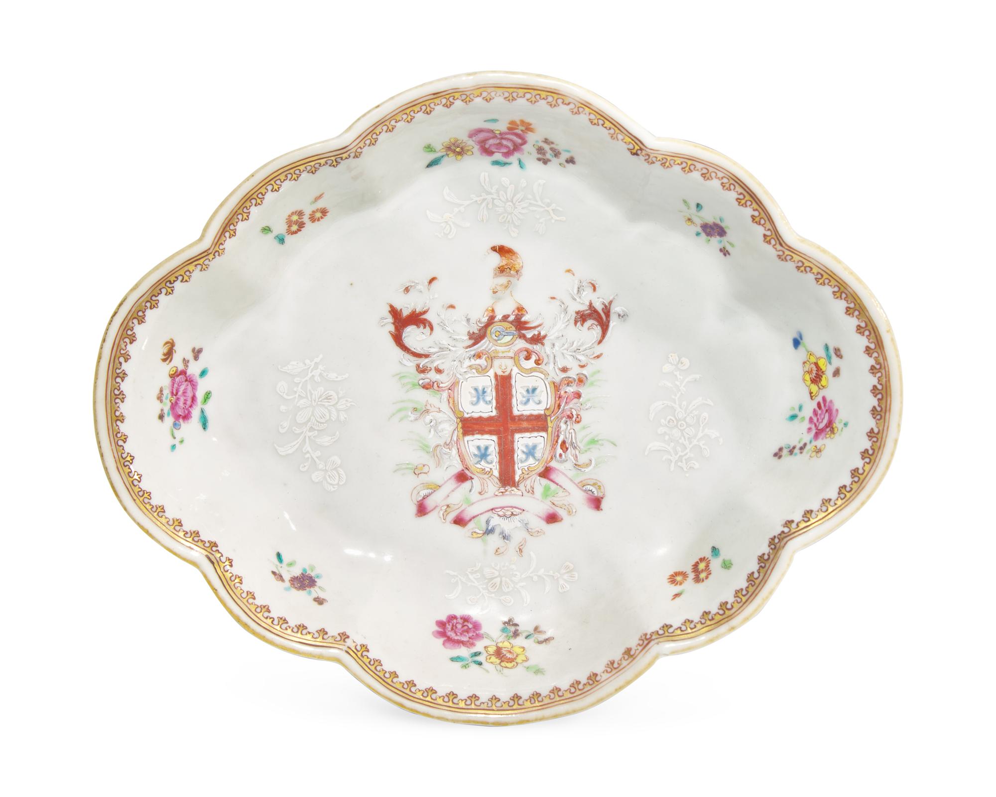 A Chinese Export Porcelain Ovoid Dish Bearing The Arms Of Bourchier