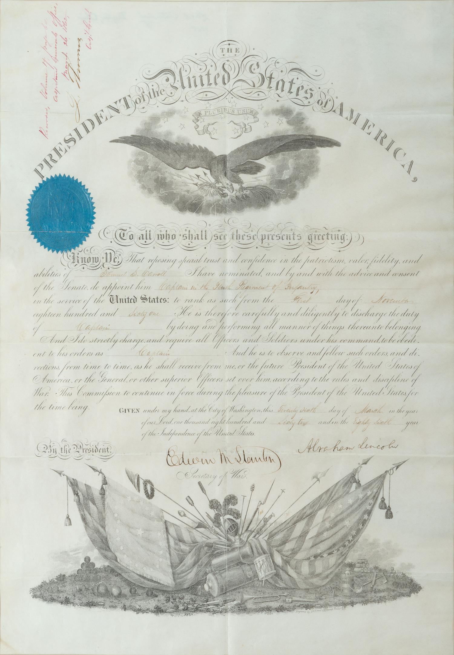 LINCOLN, Abraham (809-1865). Partly-printed appointment signed ("Abraham Lincoln") as President of the United States. Washington, D.C., 26 March 1862.