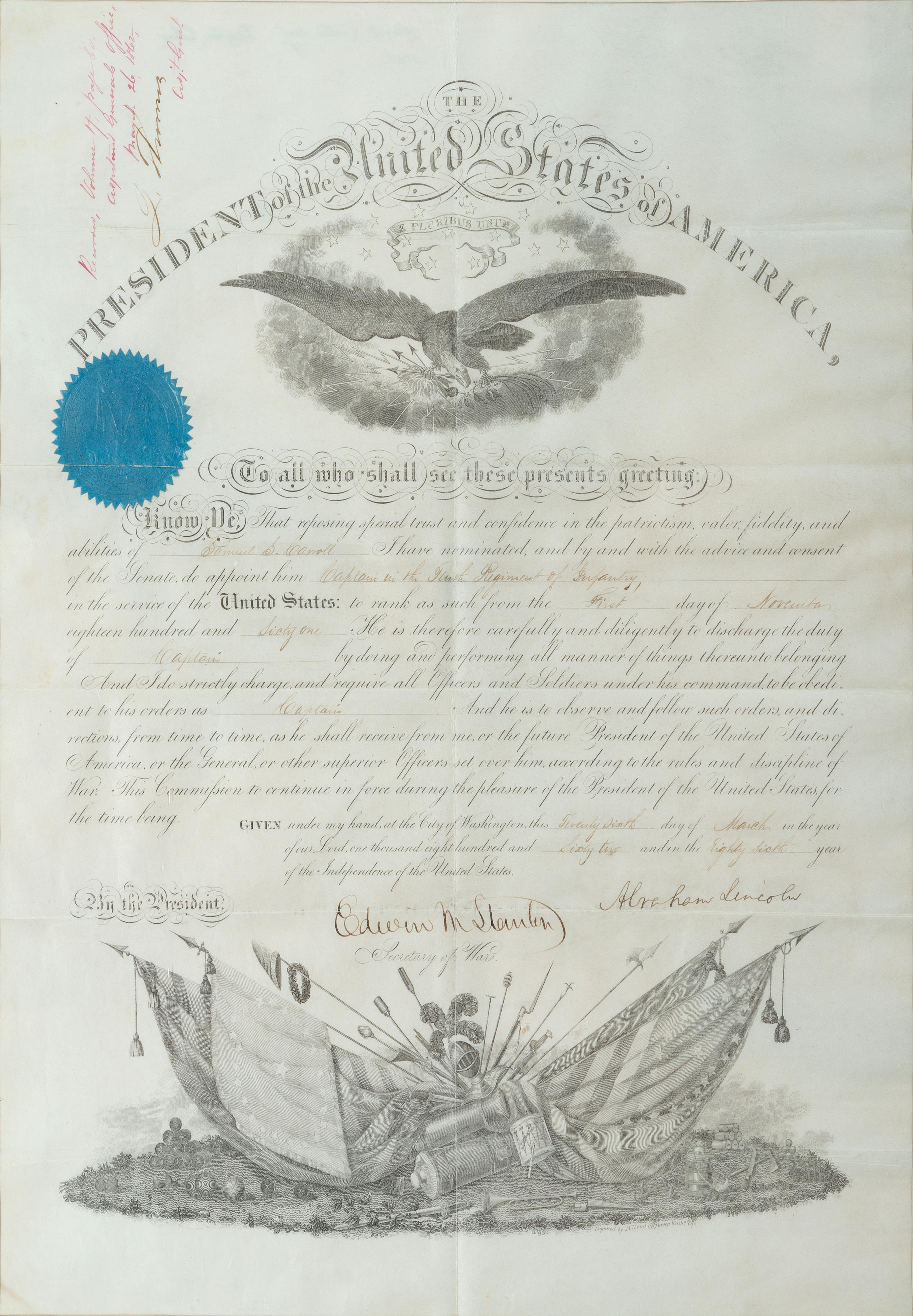 LINCOLN, Abraham (809-1865). Partly-printed appointment signed ("Abraham Lincoln") as President of the United States. Washington, D.C., 26 March 1862.
