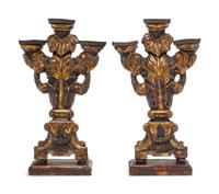 A Pair of Italian Painted and Parcel Gilt Three-Light Candelabra