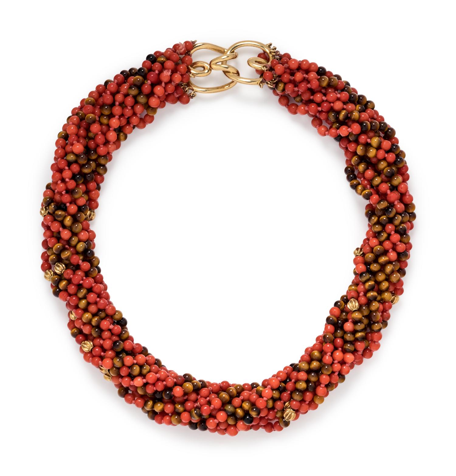 CORAL AND TIGER'S EYE TORSADE NECKLACE