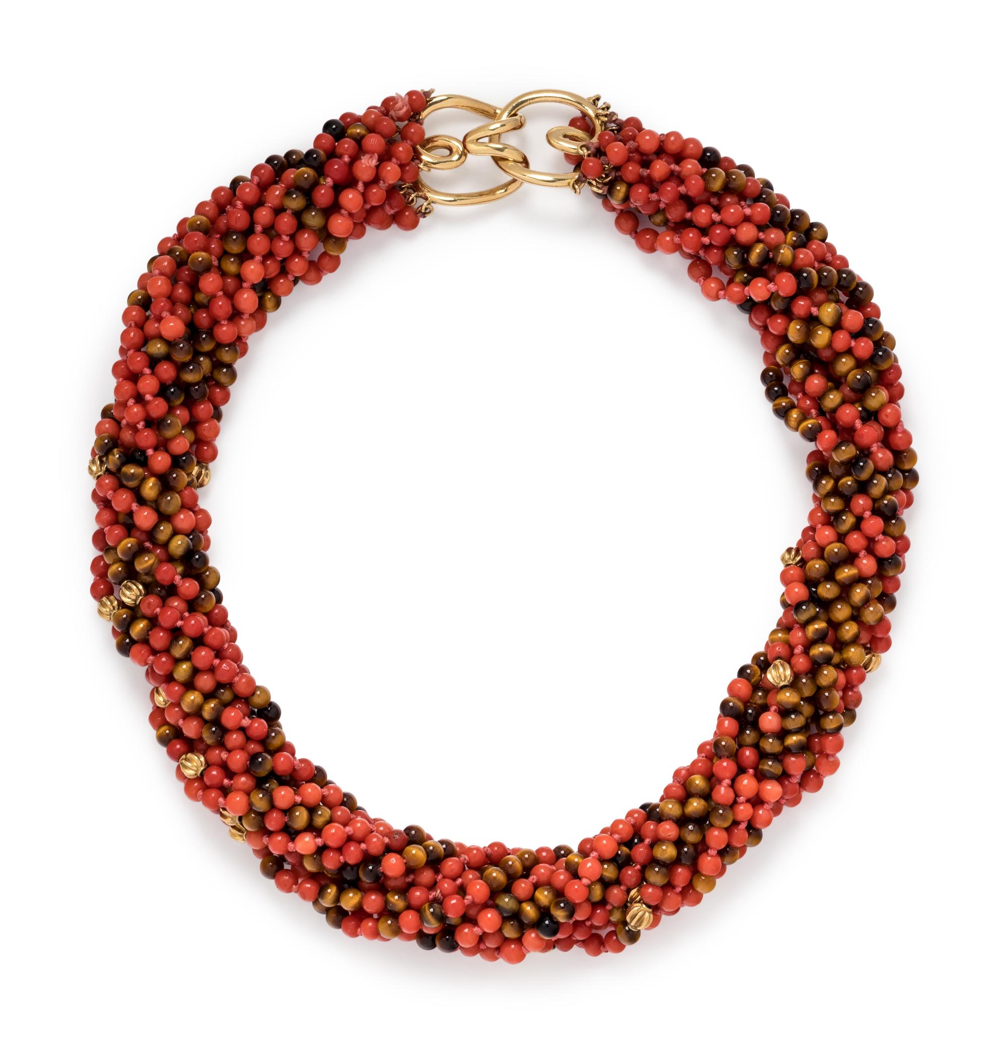 CORAL AND TIGER'S EYE TORSADE NECKLACE