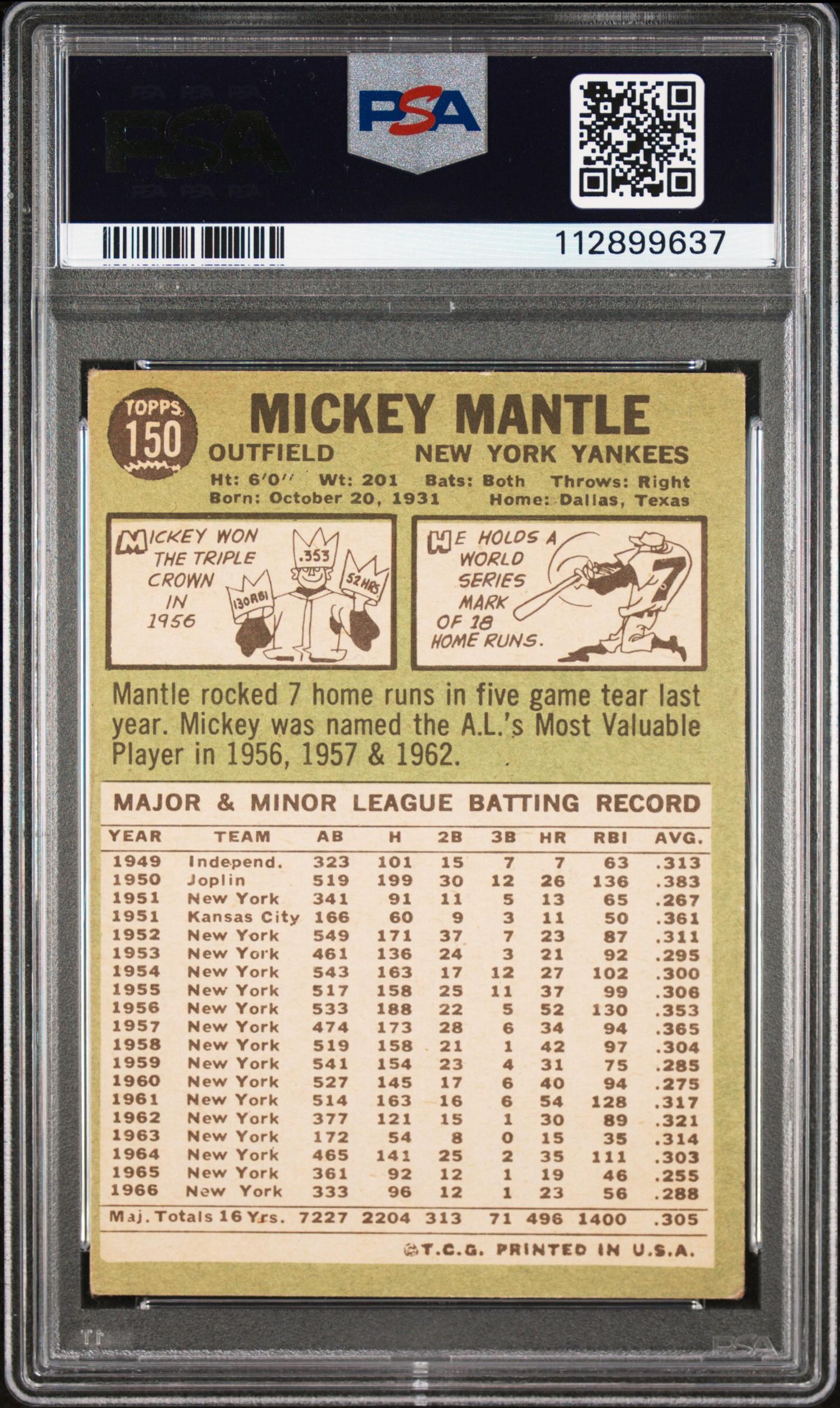 A 1967 Topps Mickey Mantle Baseball Card No. 150 (PSA 3 VG)