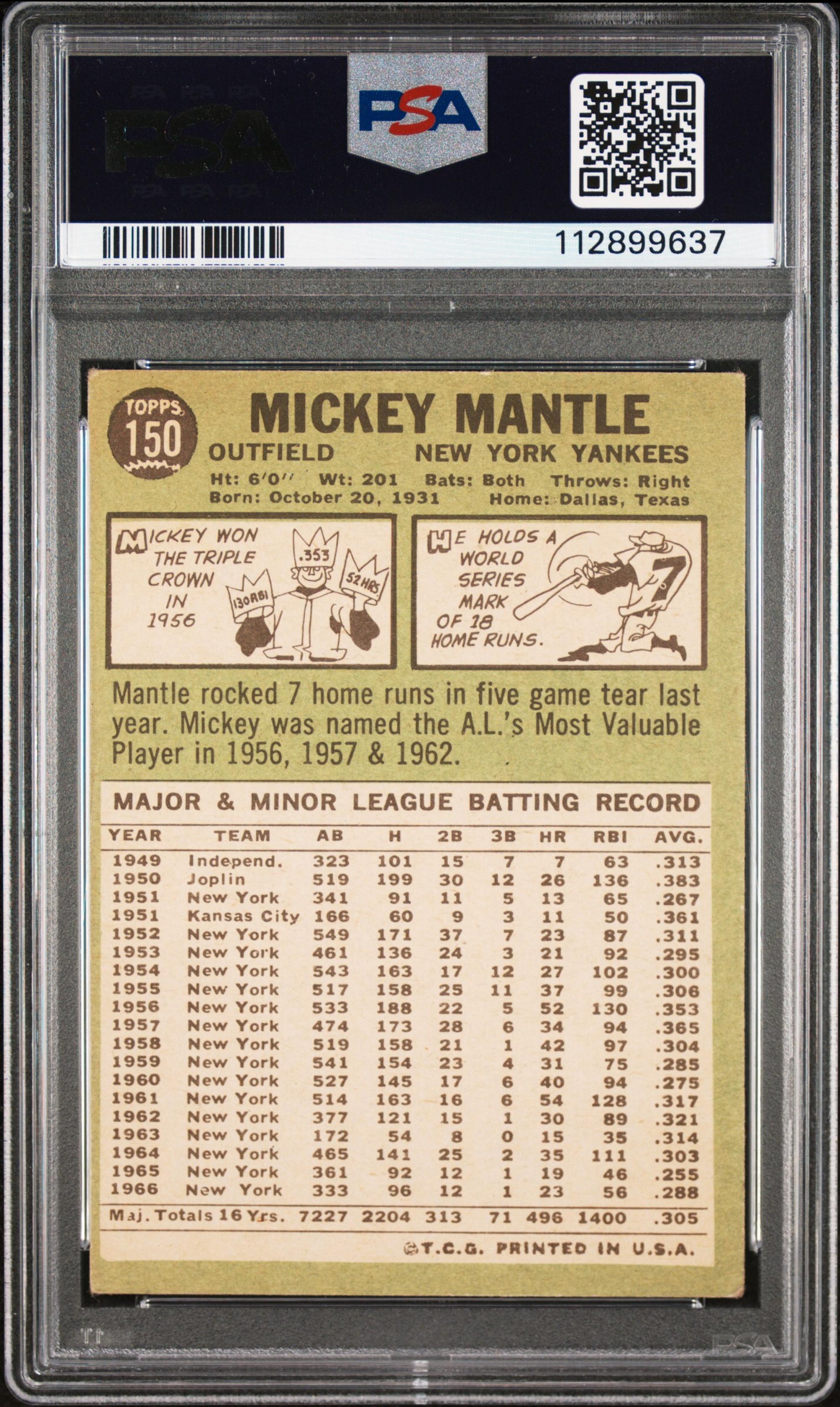 A 1967 Topps Mickey Mantle Baseball Card No. 150 (PSA 3 VG)
