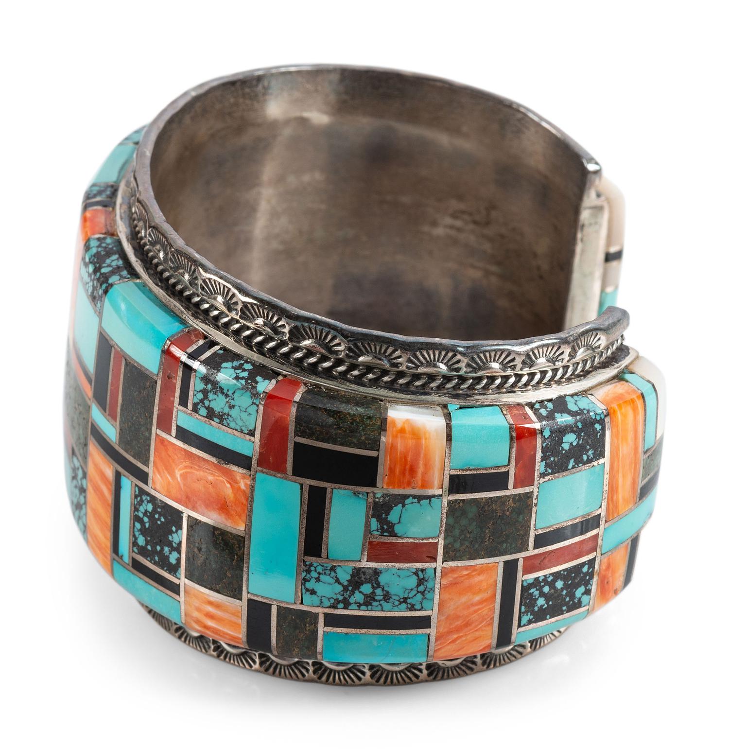Large Navajo Men's Sterling Silver Cuff Bracelet, with Mosaic Inlay