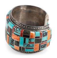 Large Navajo Men's Sterling Silver Cuff Bracelet, with Mosaic Inlay