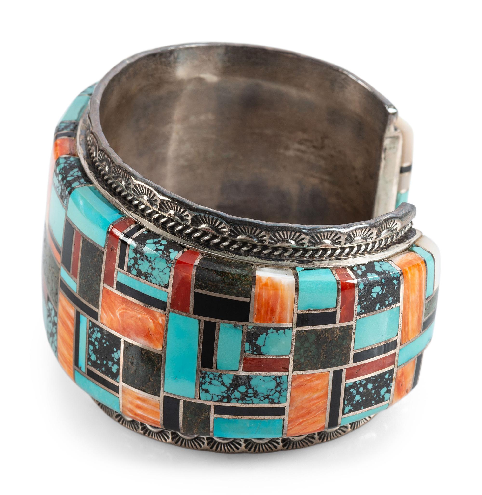 Large Navajo Men's Sterling Silver Cuff Bracelet, with Mosaic Inlay